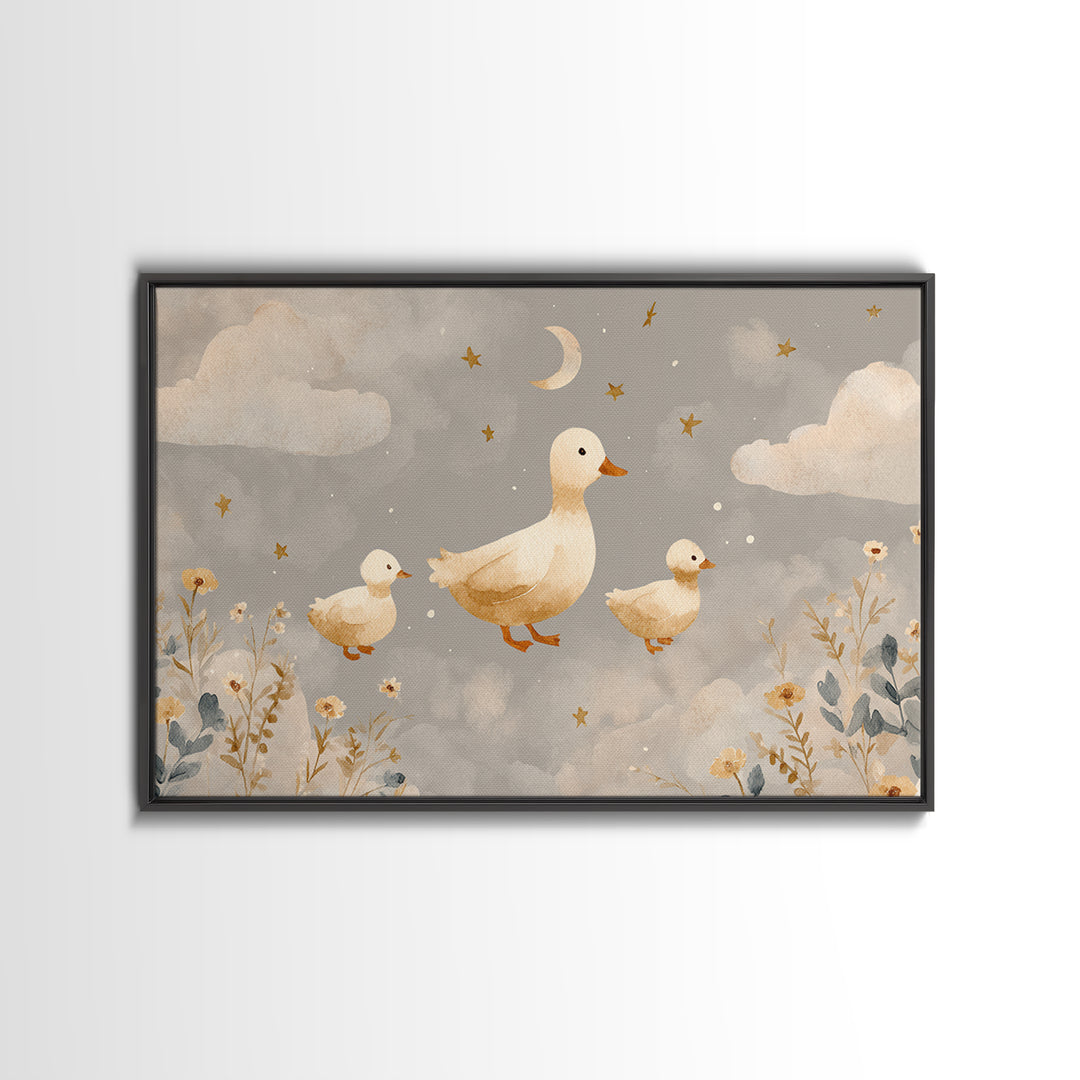 Ducklings Following a Mother Duck Framed Canvas Print, Nursery Art, Printable Art, Nursery Decor, Nursery, Watercolor Print, NUR-3x2-18