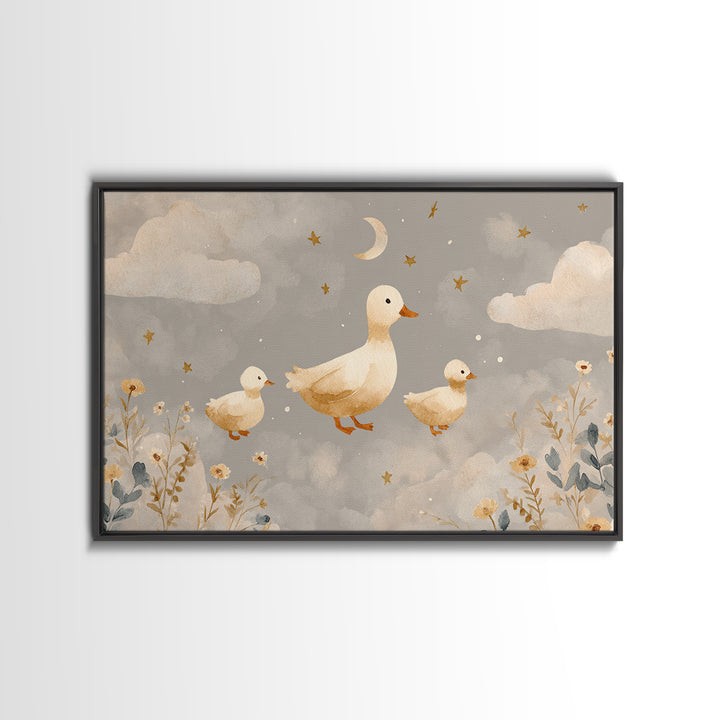 Ducklings Following a Mother Duck Framed Canvas Print, Nursery Art, Printable Art, Nursery Decor, Nursery, Watercolor Print, NUR-3x2-18