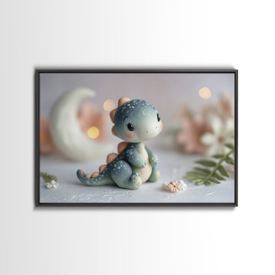 Tiny Dinosaur with Friendly Expression Framed Canvas Print, Nursery Art, Playroom Wall Art, Nursery Decor, Fine Art, Nursery, NUR-3x2-19