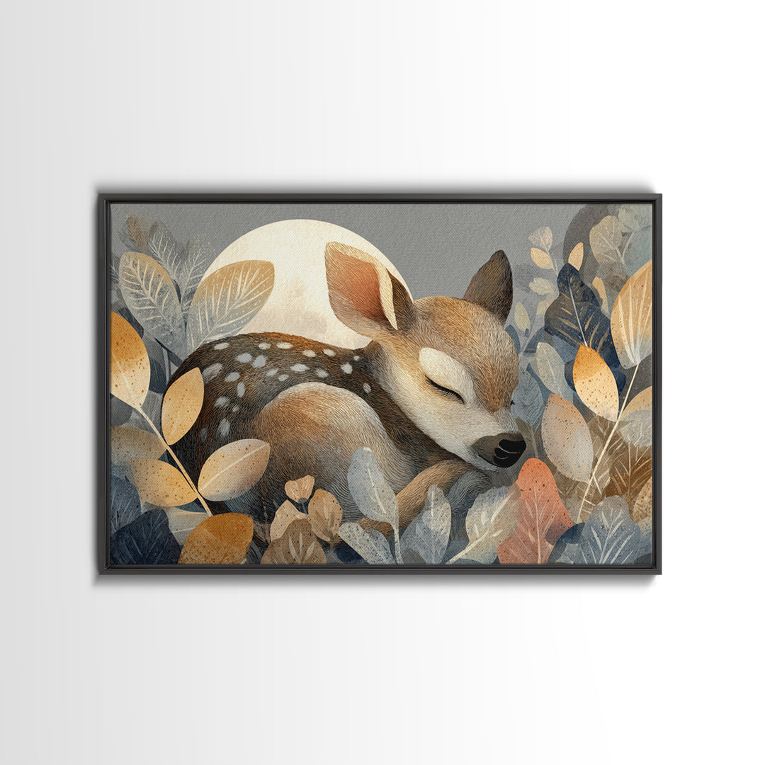 Deer Fawn Sleeping Framed Canvas Print, Nursery Art, Woodland Nursery, Nursery Decor, Fine Art, Nursery, Gallery Decor, NUR-3x2-27