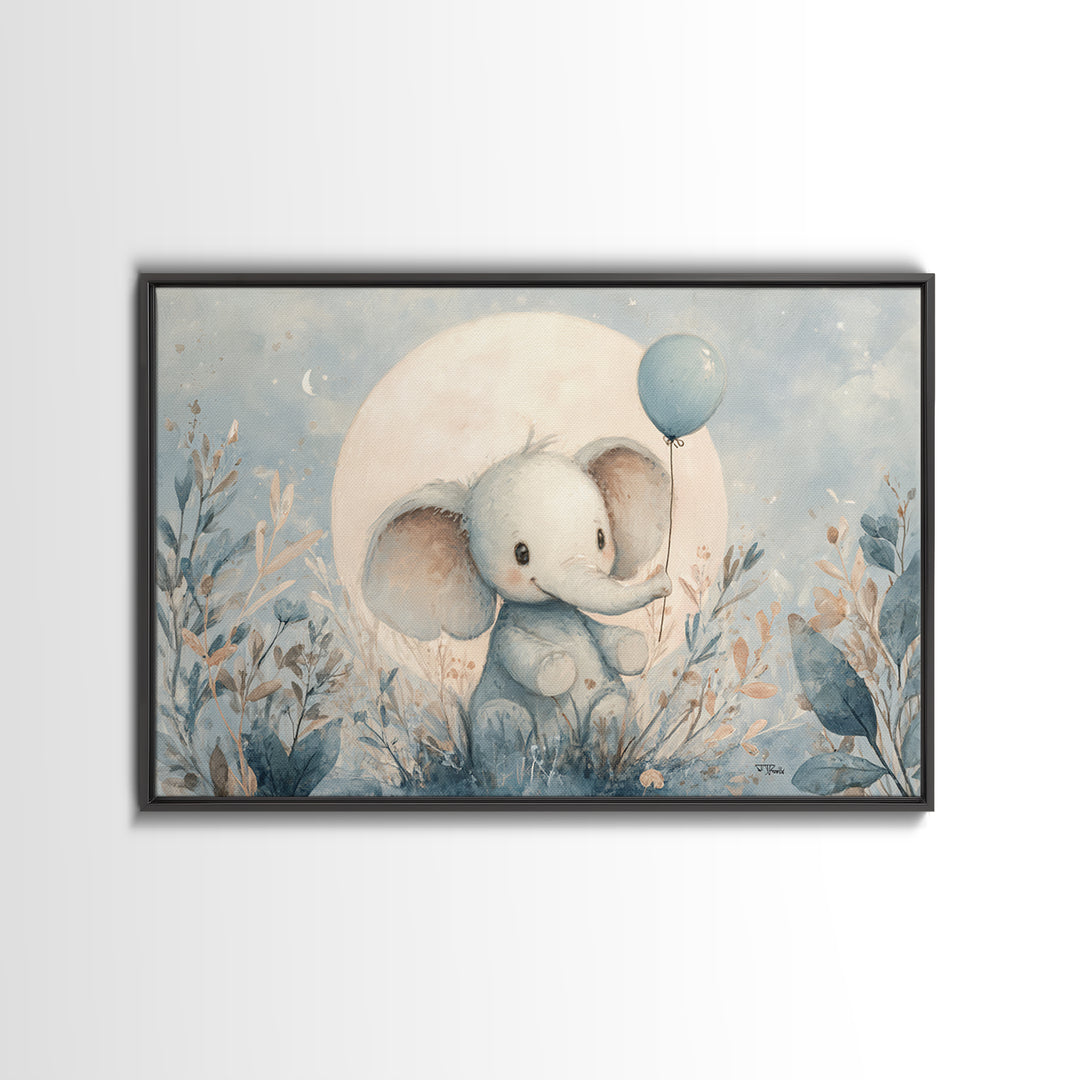 Sleepy Baby Elephant Holding a Tiny Balloon Canvas Print, Nursery Art, Kids Wall Decor, Nursery Decor, Fine Art, Nursery, NUR-3x2-29