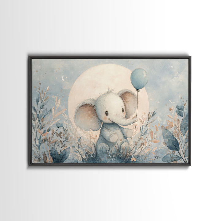 Sleepy Baby Elephant Holding a Tiny Balloon Canvas Print, Nursery Art, Kids Wall Decor, Nursery Decor, Fine Art, Nursery, NUR-3x2-29