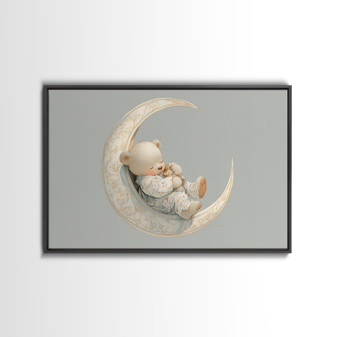 Baby Bear Floating on a Crescent Moon Canvas Print, Nursery Art, Digital Download Art, Nursery Decor, Watercolor Art, Nursery, NUR-3x2-34