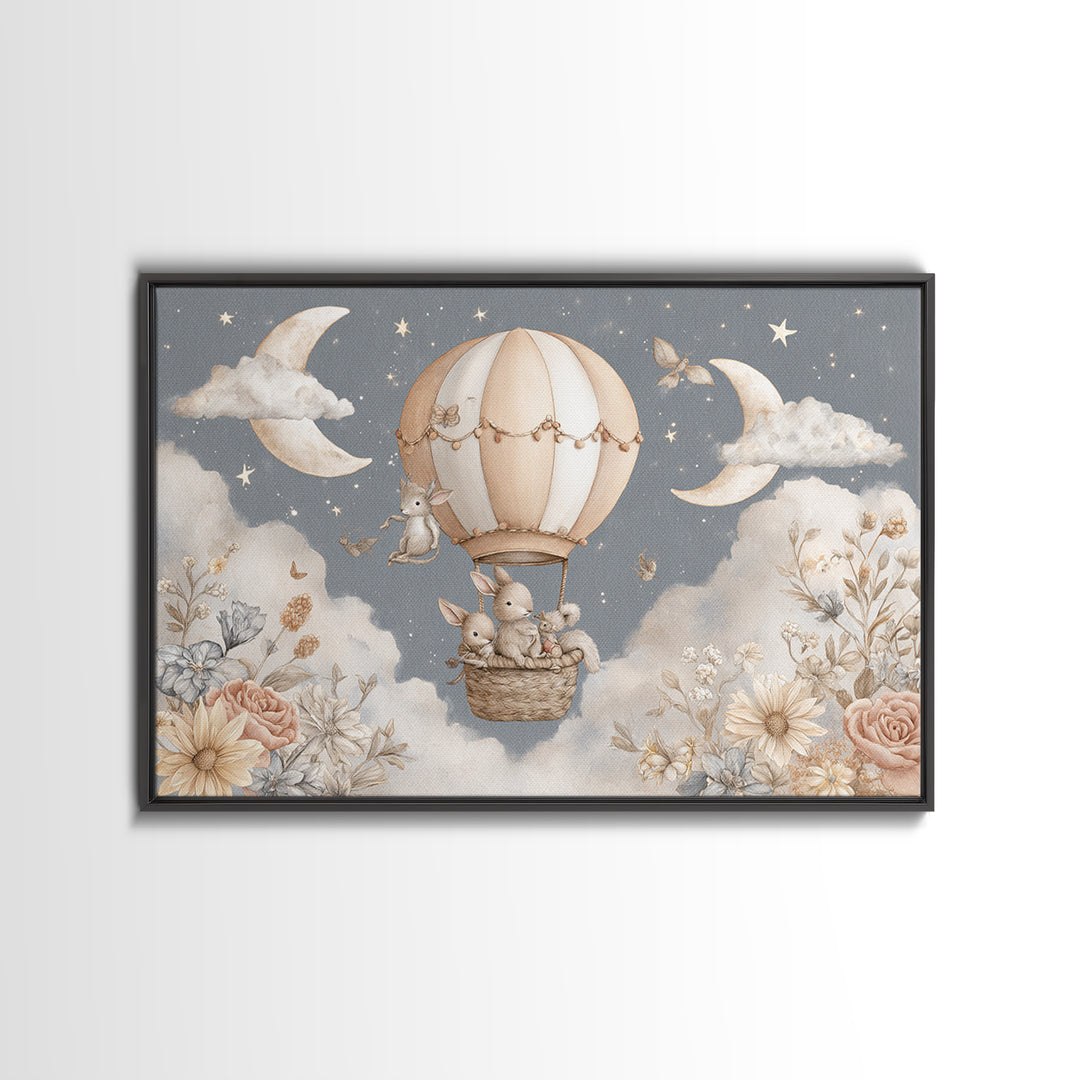 Floating Hot Air Balloon Framed Canvas Print, Nursery Art, Woodland Nursery, Nursery Decor, Oil Painting, Nursery, NUR-3x2-40
