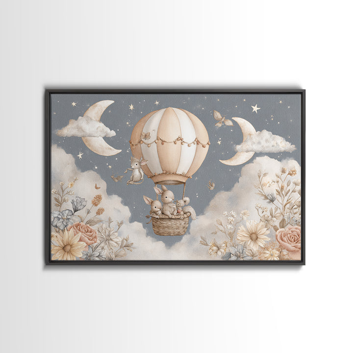 Floating Hot Air Balloon Framed Canvas Print, Nursery Art, Woodland Nursery, Nursery Decor, Oil Painting, Nursery, NUR-3x2-40