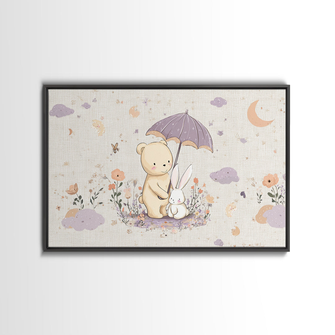 Bear and Rabbit Sharing Umbrella Framed Canvas Print, Nursery Art, Playroom Wall Art, Nursery Decor, Fine Art, Nursery, NUR-3x2-45
