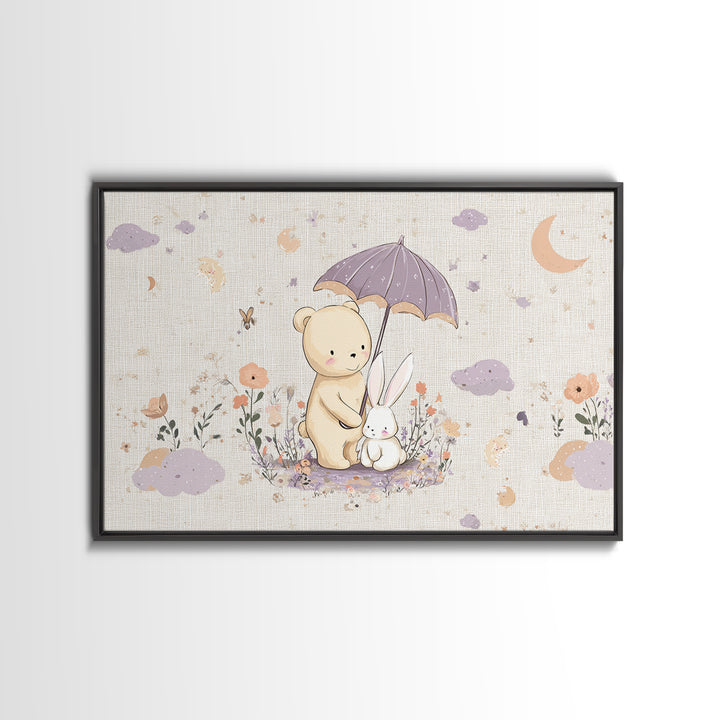 Bear and Rabbit Sharing Umbrella Framed Canvas Print, Nursery Art, Playroom Wall Art, Nursery Decor, Fine Art, Nursery, NUR-3x2-45