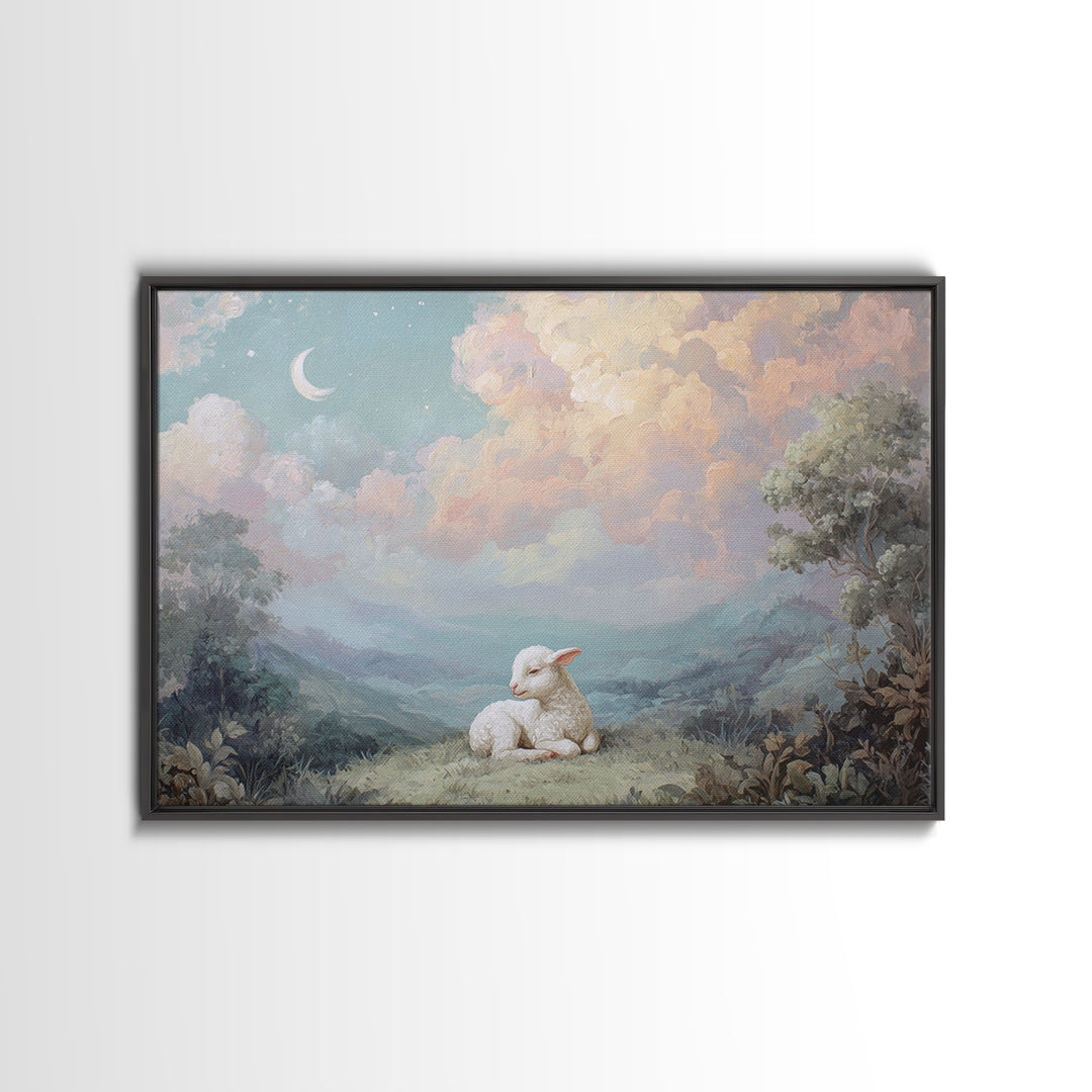 Little Lamb under a Starry Sky Framed Canvas Print, Nursery Art, Room Decor, Nursery Decor, Oil Painting, Nursery, NUR-3x2-47