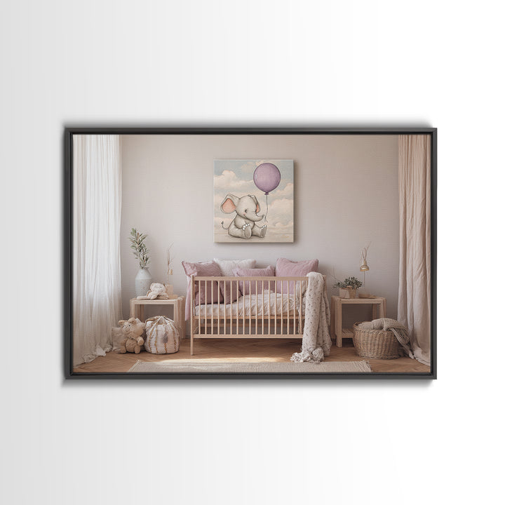 Sleepy Baby Elephant Holding a Tiny Balloon Framed Canvas Print, Nursery Art, Woodland Nursery, Nursery Decor, Nursery, NUR-3x2-5