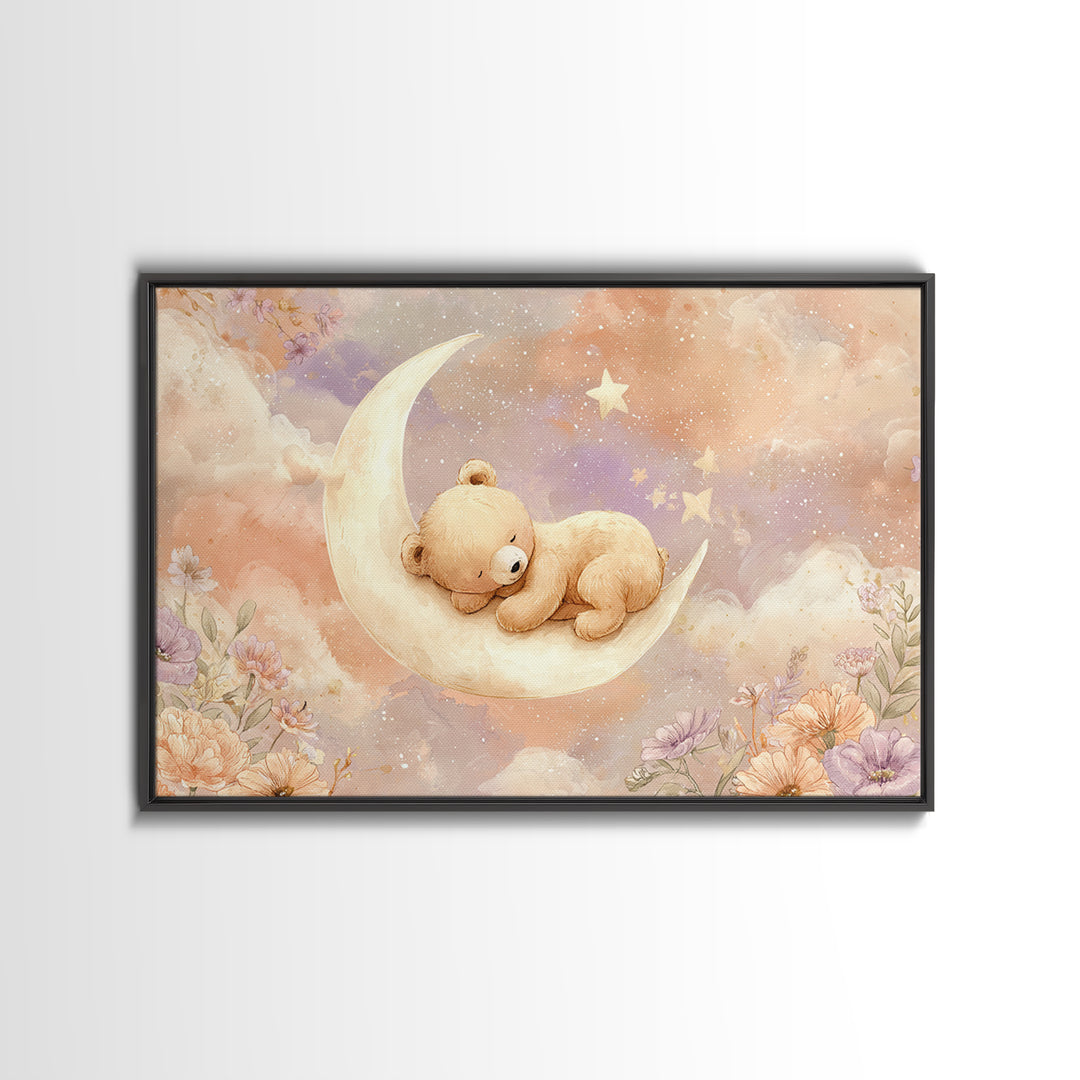 Baby Bear Floating on a Crescent Moon Canvas Print, Nursery Art, Digital Download Art, Nursery Decor, Watercolor Art, Nursery, NUR-3x2-58