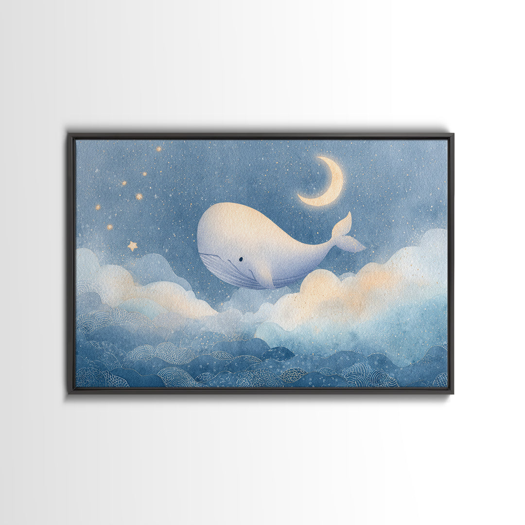 Whale and Tiny Stars Framed Canvas Print, Nursery Art, Whimsical Wall Art, Nursery Decor, Fine Art, Nursery, Minimalist Decor, NUR-3x2-60