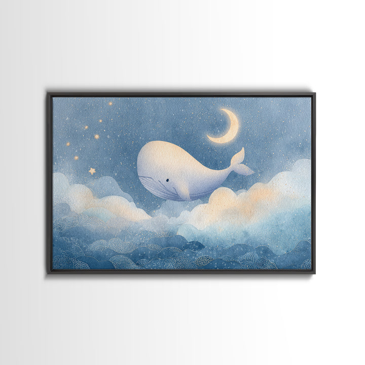 Whale and Tiny Stars Framed Canvas Print, Nursery Art, Whimsical Wall Art, Nursery Decor, Fine Art, Nursery, Minimalist Decor, NUR-3x2-60