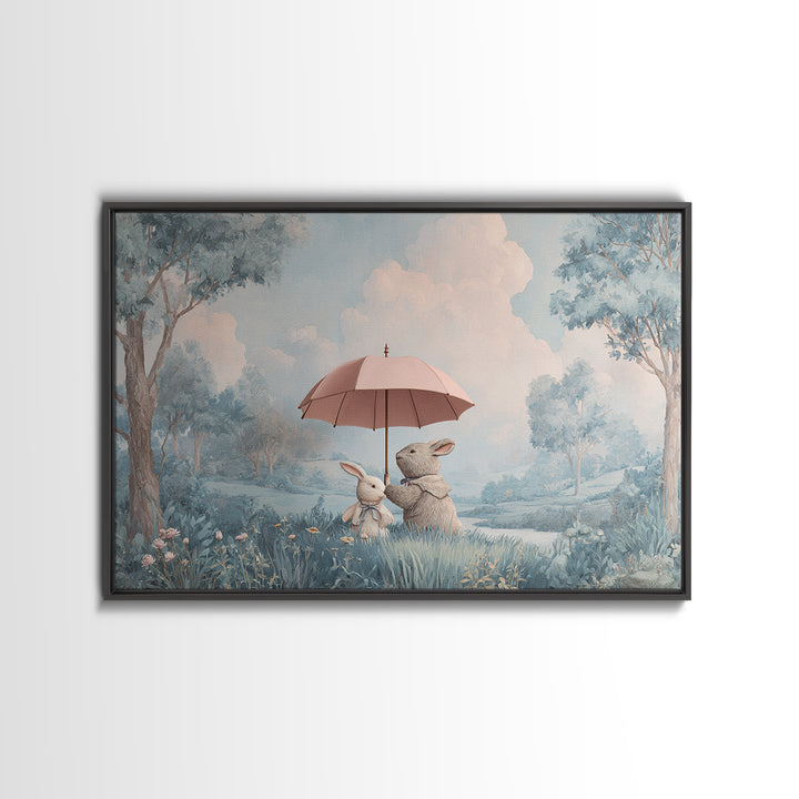 Bear and Rabbit Sharing Umbrella Framed Canvas Print, Nursery Art, Playroom Wall Art, Nursery Decor, Fine Art, Nursery, NUR-3x2-69