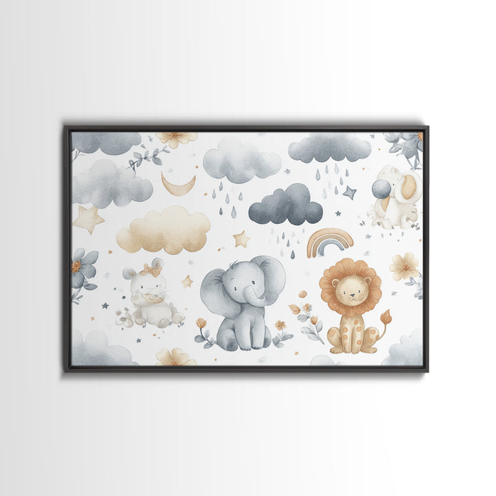 Clouds and Raindrops Framed Canvas Print, Nursery Art, Girl Nursery Decor, Nursery Decor, Oil Painting, Nursery, Kids Room Art, NUR-3x2-74
