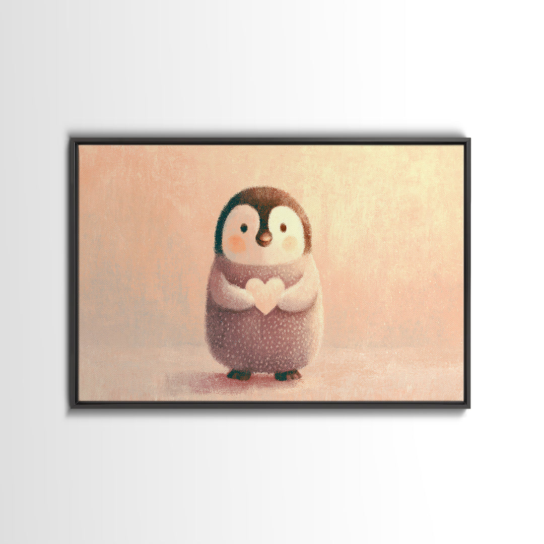 Penguin Holding a Little Heart Shape Framed Canvas Print, Nursery Art, Kids Wall Art, Nursery Decor, Abstract Art, Nursery, NUR-3x2-86