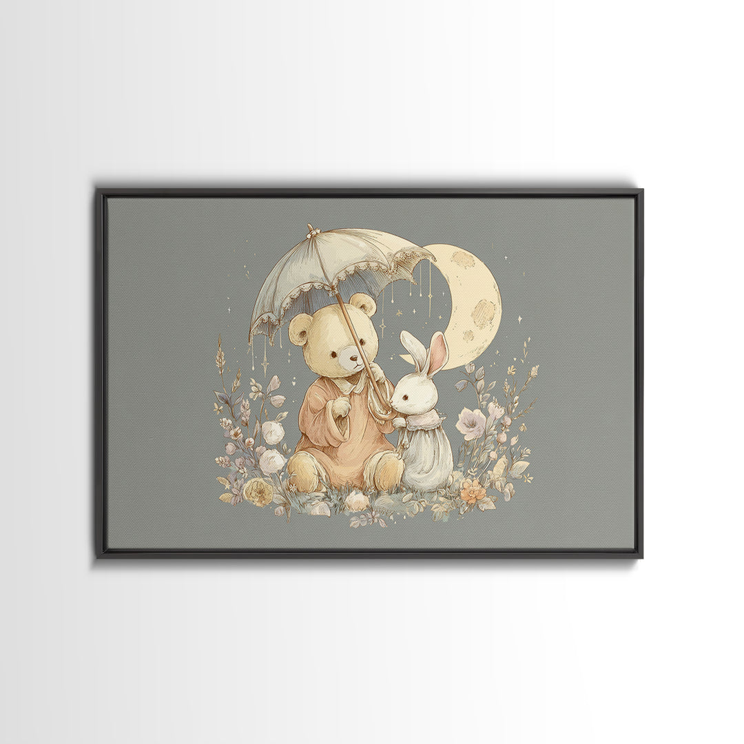 Bear and Rabbit Sharing Umbrella Canvas Print, Nursery Art, Woodland Nursery Art, Nursery Decor, Fine Art, Nursery, NUR-3x2-93