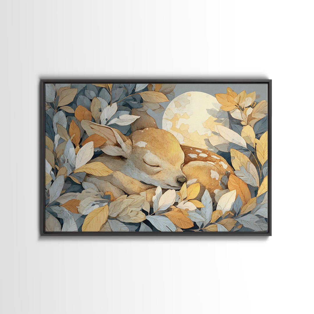 Deer Fawn Sleeping Framed Canvas Print, Nursery Art, Minimalist Decor, Nursery Decor, Fine Art, Nursery, Nursery Wall Decor, NUR-3x2-99