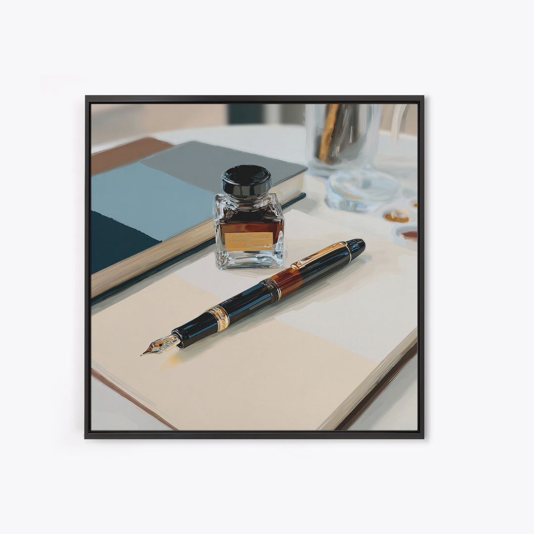 Fountain Pen and Notebook Still Life Without Canvas Print, Office Art, Ai Art, Office Decor, Oil Painting, Focus, OFF-1x1-22