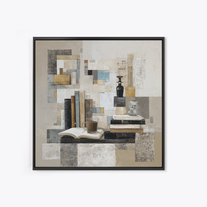 Books and Coffee Still Life Framed Canvas Print, Office Art, Statement Artwork, Office Decor, Abstract Art, Focus, Wall Decor, OFF-1x1-57