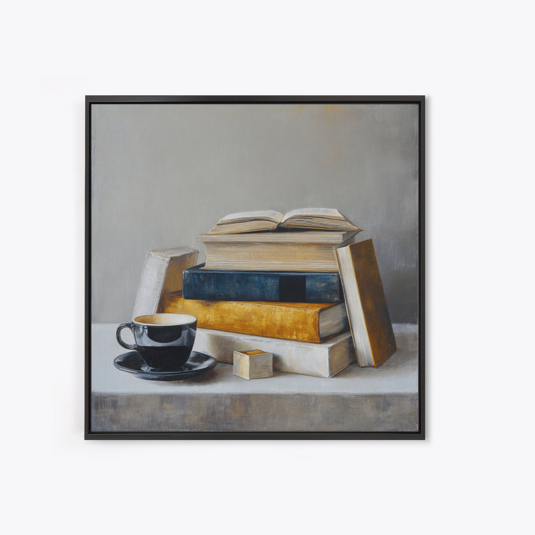Books and Coffee Still Life Canvas Print, Office Art, Textured Painting, Office Decor, Focus, Printables, Digital Wall Art, OFF-1x1-81