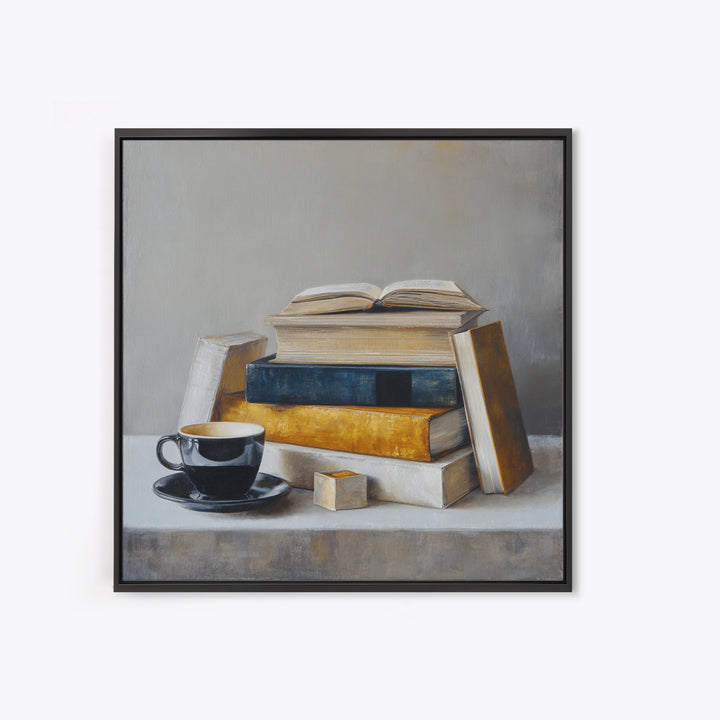 Books and Coffee Still Life Canvas Print, Office Art, Textured Painting, Office Decor, Focus, Printables, Digital Wall Art, OFF-1x1-81