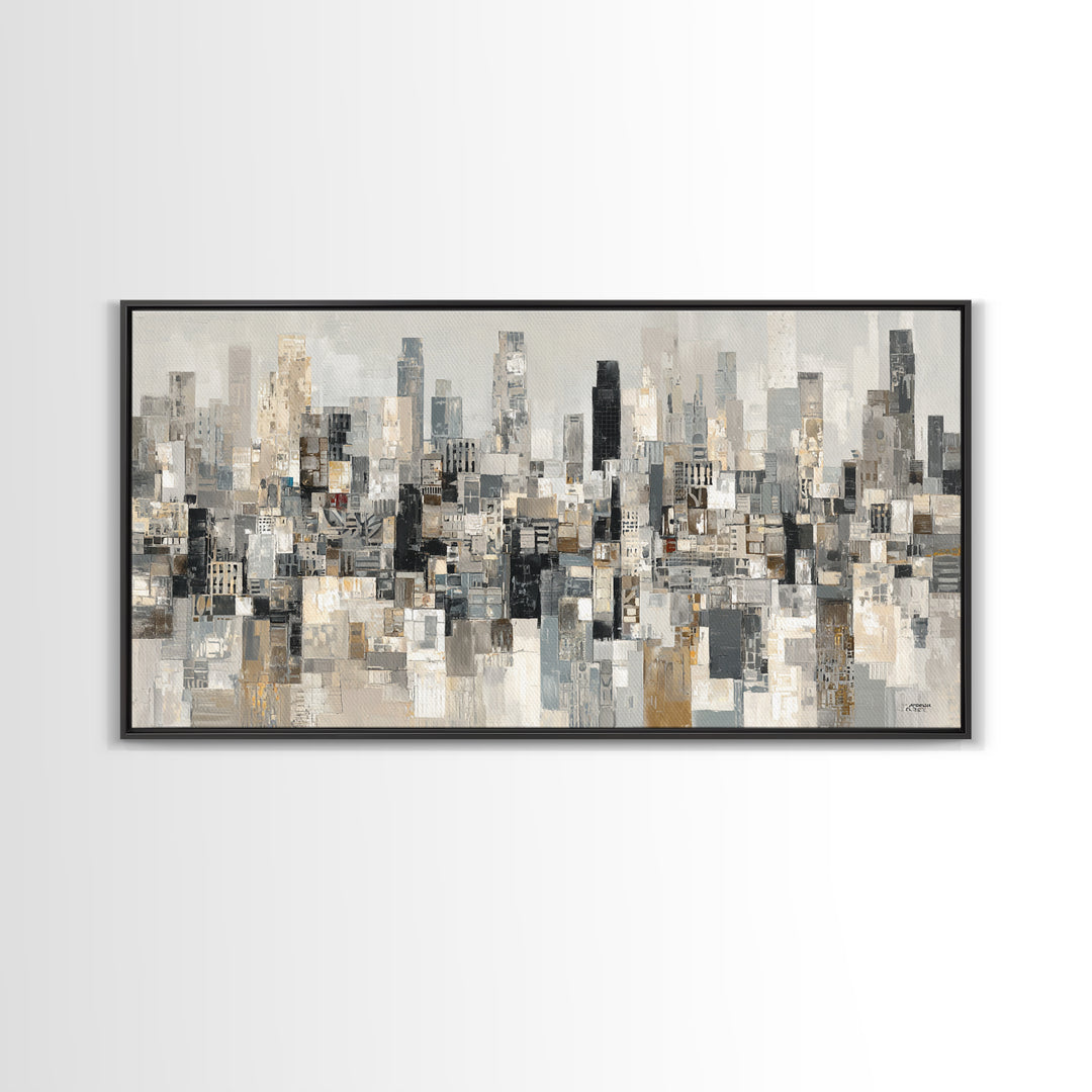 Black and White City Skyline Silhouette Framed Canvas Print, Office Art, Home Decor, Office Decor, Fine Art, Focus, Art Deco, OFF-2x1-1