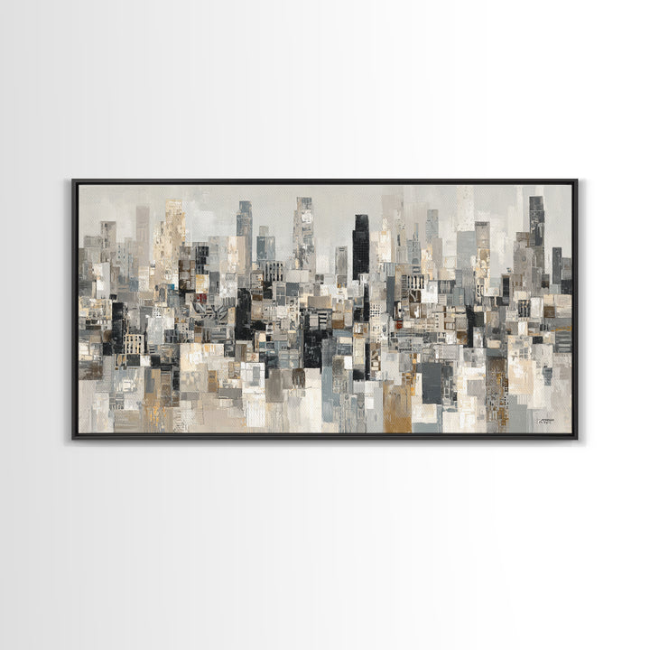 Black and White City Skyline Silhouette Framed Canvas Print, Office Art, Home Decor, Office Decor, Fine Art, Focus, Art Deco, OFF-2x1-1