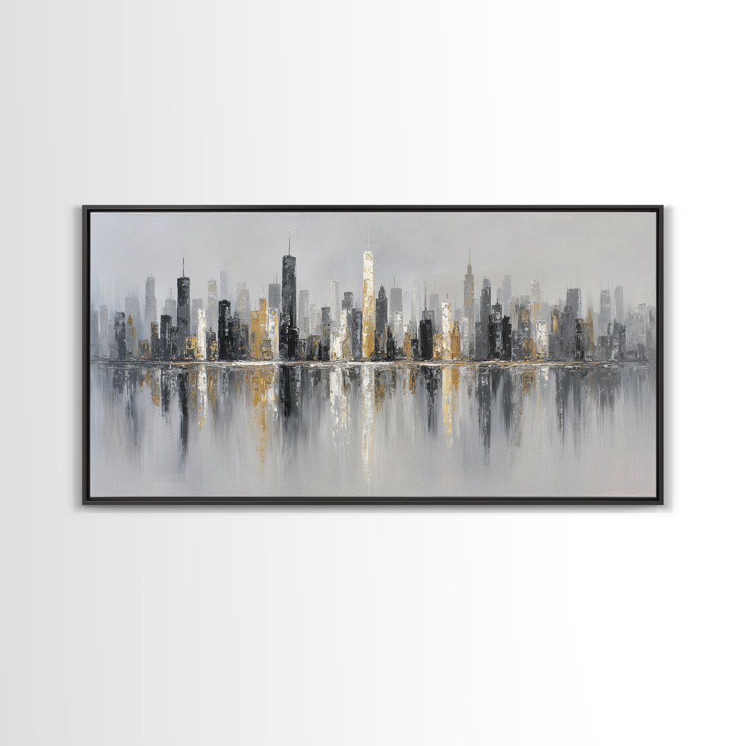 Black and White City Skyline Silhouette Framed Canvas Print, Office Art, Home Decor, Office Decor, Fine Art, Focus, Art Deco, OFF-2x1-25