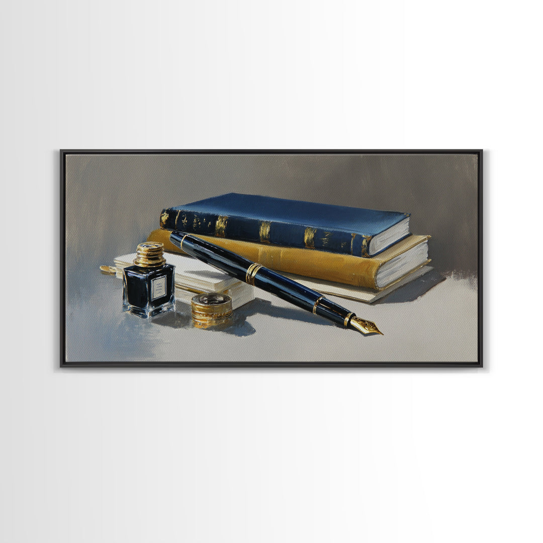 Fountain Pen and Notebook Still Life Without Framed Canvas Print, Office Art, Poster, Office Decor, Oil Painting, Focus, OFF-2x1-90