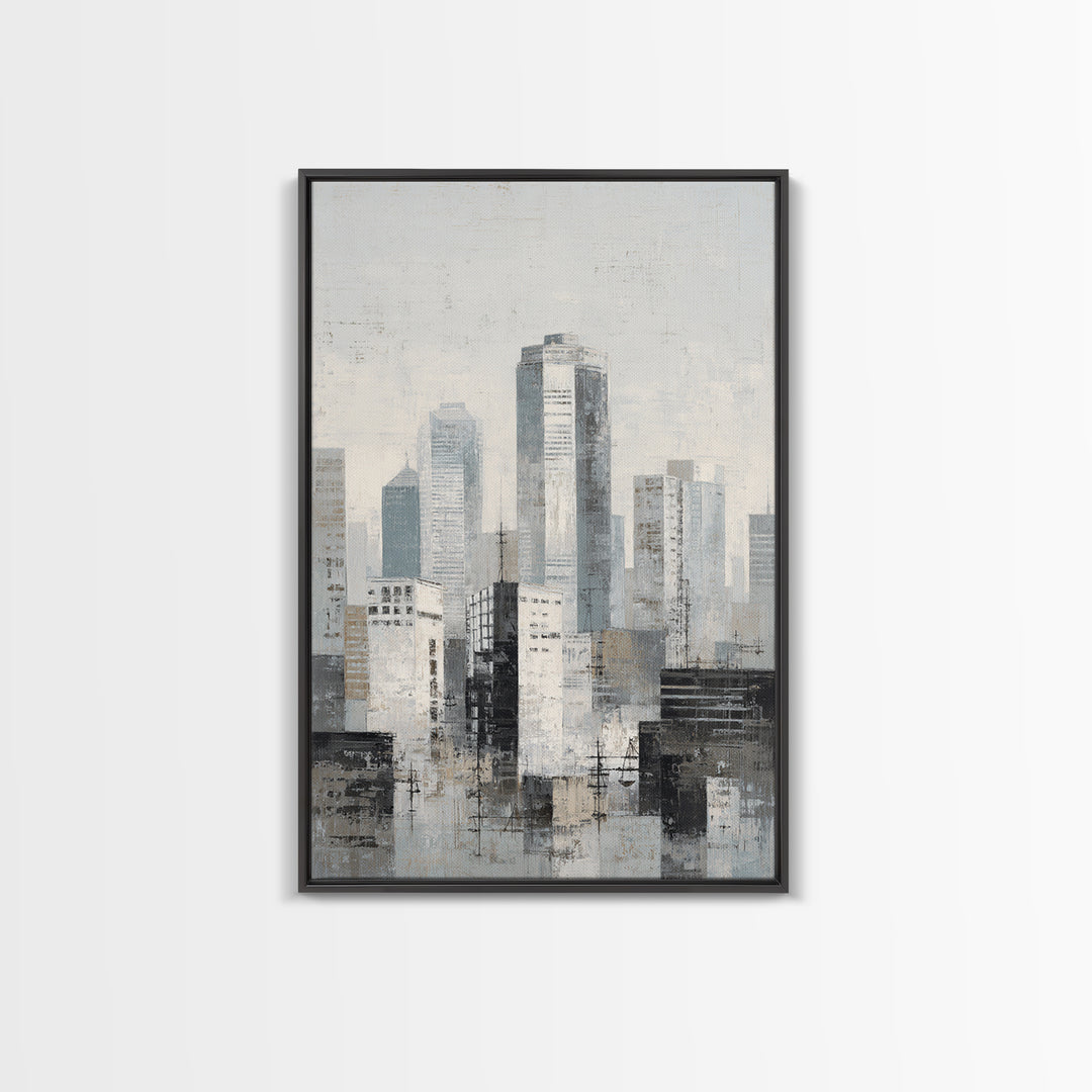 Black and White City Skyline Silhouette Framed Canvas Print, Office Art, Wall Decor, Office Decor, Abstract Art, Focus, OFF-2x3-37