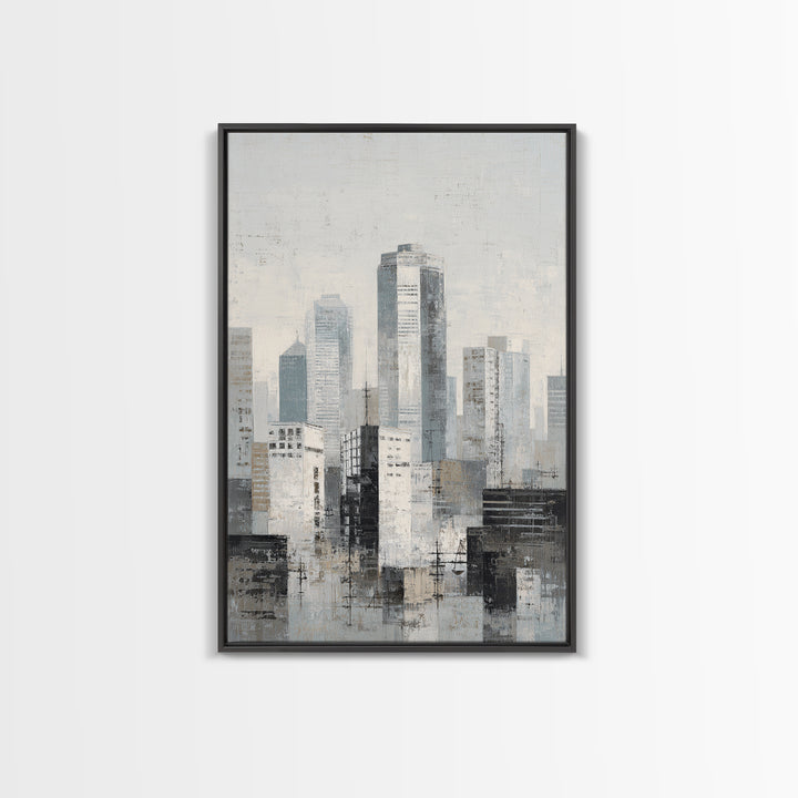Black and White City Skyline Silhouette Framed Canvas Print, Office Art, Wall Decor, Office Decor, Abstract Art, Focus, OFF-2x3-37