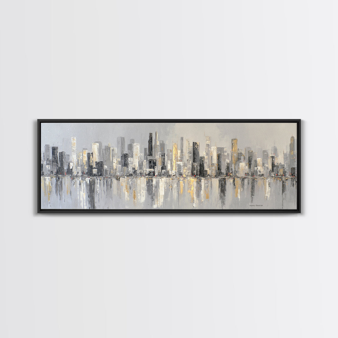 Black and White City Skyline Silhouette Framed Canvas Print, Office Art, Office Wall Art, Office Decor, Fine Art, Focus, OFF-3x1-69