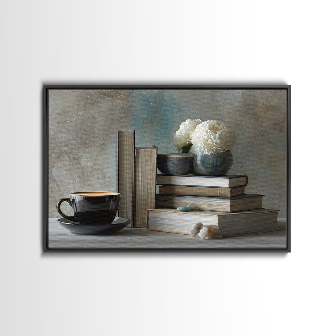 Books and Coffee Still Life Canvas Print, Office Art, Living Room Decor, Office Decor, Oil Painting, Focus, Fine Art Print, OFF-3x2-61
