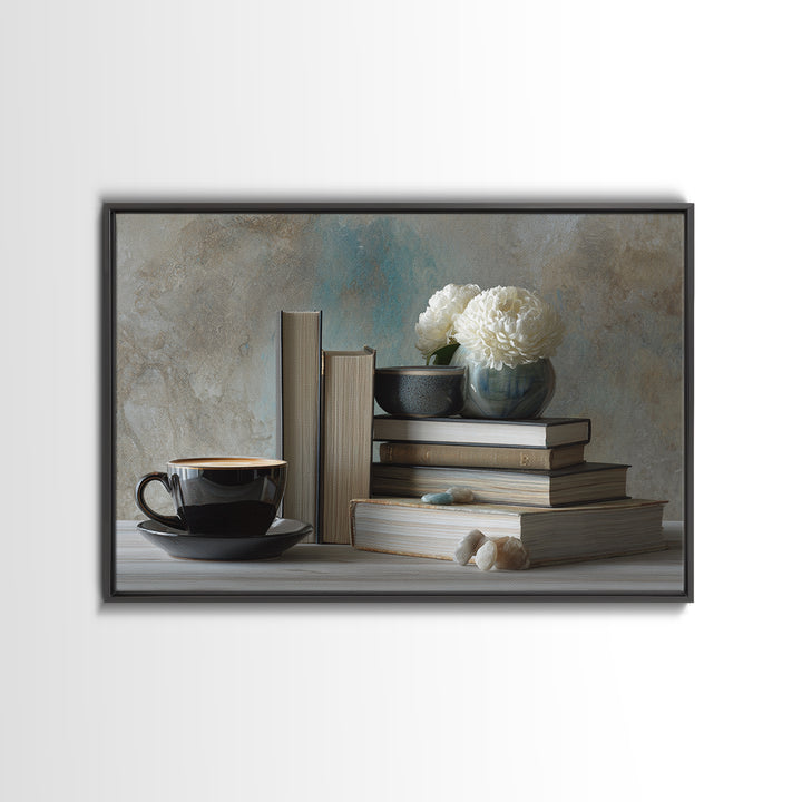Books and Coffee Still Life Canvas Print, Office Art, Living Room Decor, Office Decor, Oil Painting, Focus, Fine Art Print, OFF-3x2-61