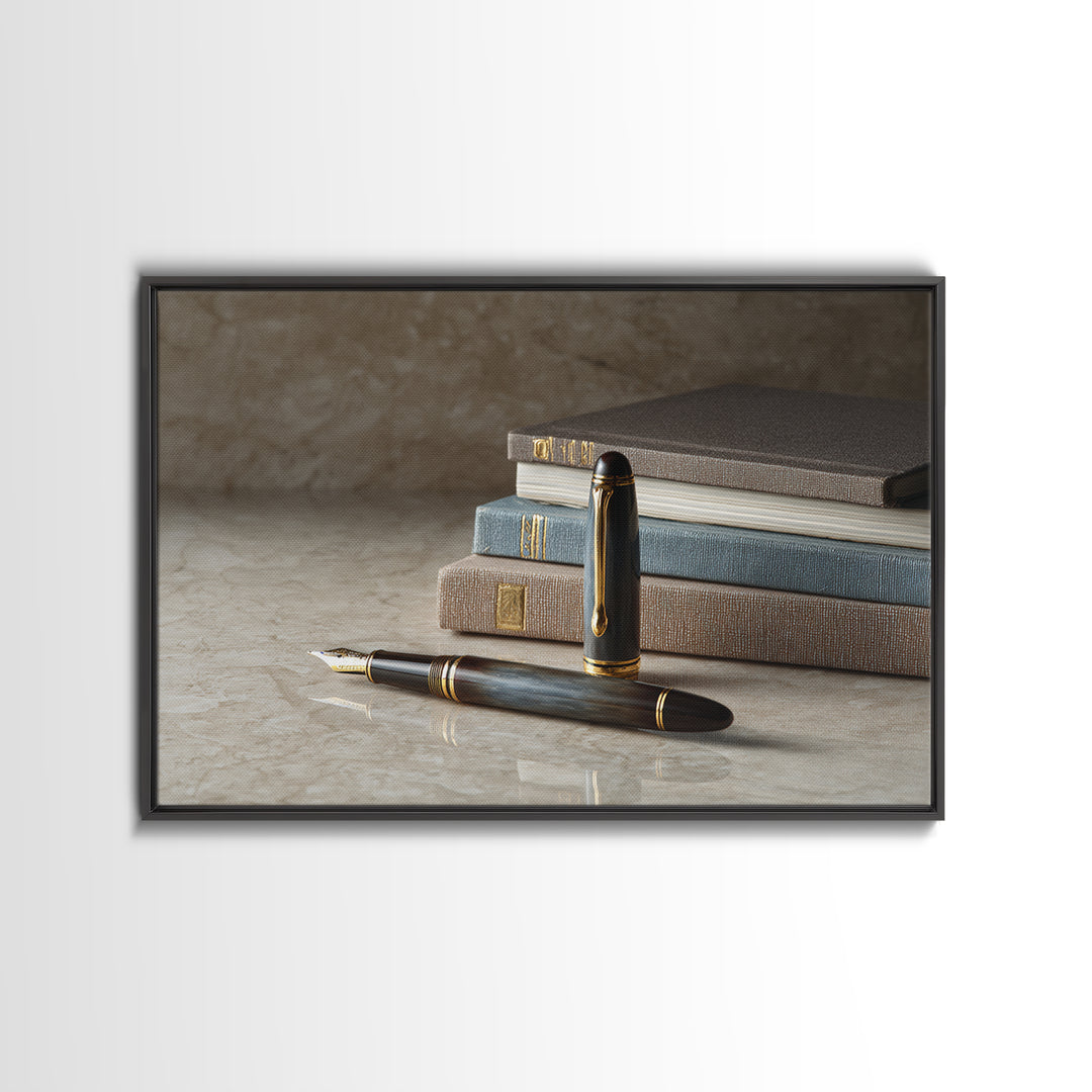 Fountain Pen and Notebook Still Life Without Framed Canvas Print, Office Art, Abstract Art, Office Decor, Oil Painting, Focus, OFF-3x2-74