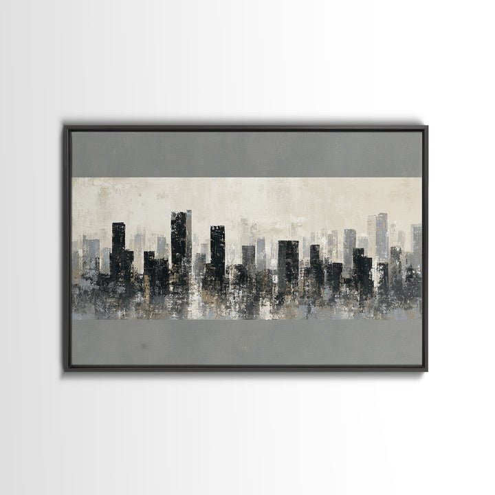 Black and White City Skyline Silhouette Framed Canvas Print, Office Art, Canvas Print, Office Decor, Abstract Art, Focus, OFF-3x2-81