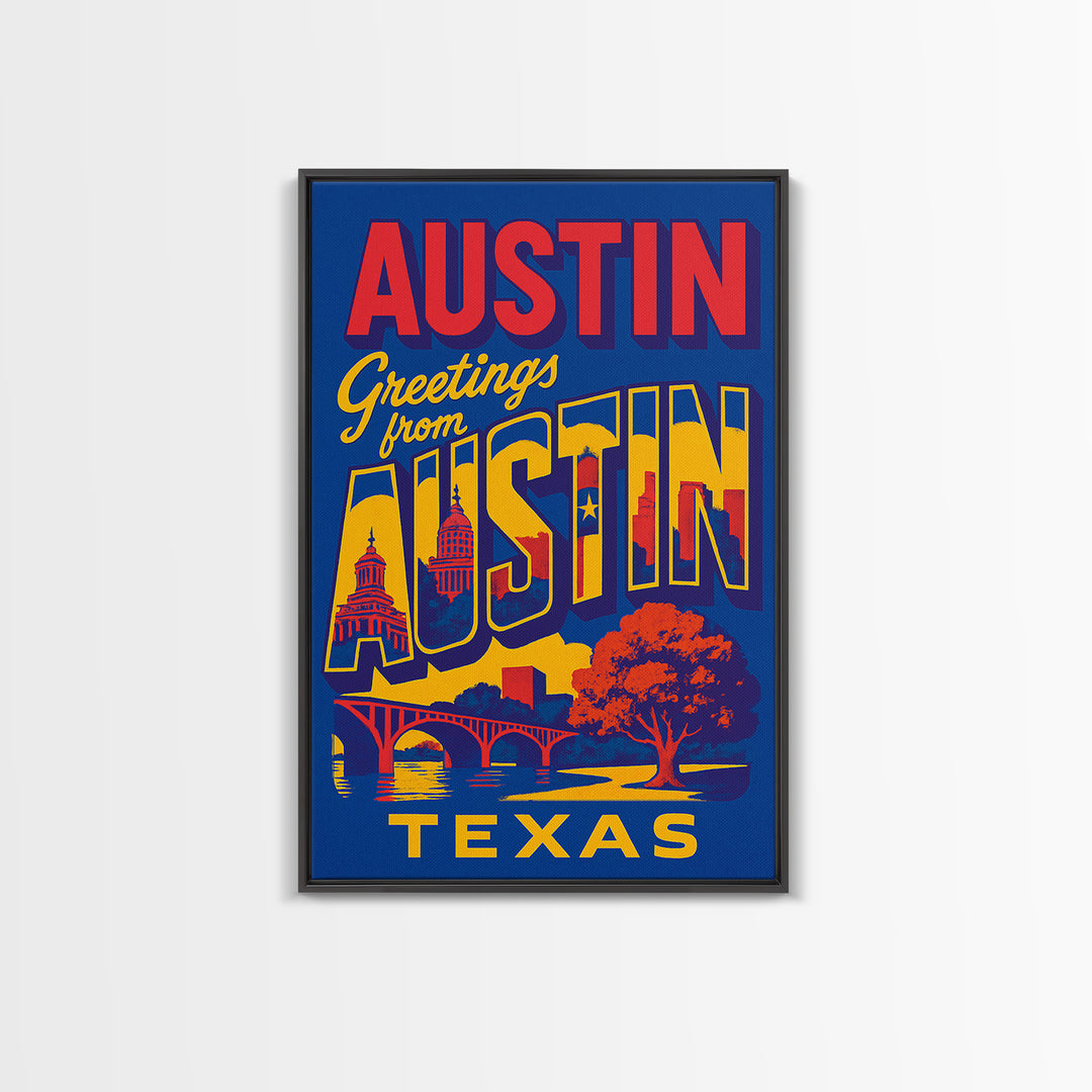 Austin Texas Travel Poster, Canvas Print, Colorful Graphic Wall Art, Austin Art Print, City Illustration, Travel Art Print, Travel Print