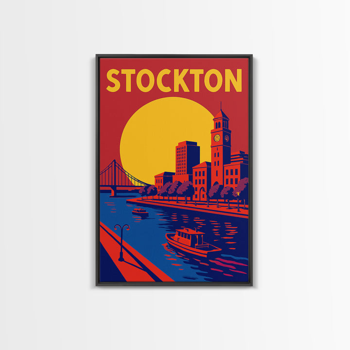 Stockton Travel Poster, Framed Canvas Print, Vibrant Retro Travel Art, Stockton City Art, Vintage City Art, Fine Art Print, Vintage Print