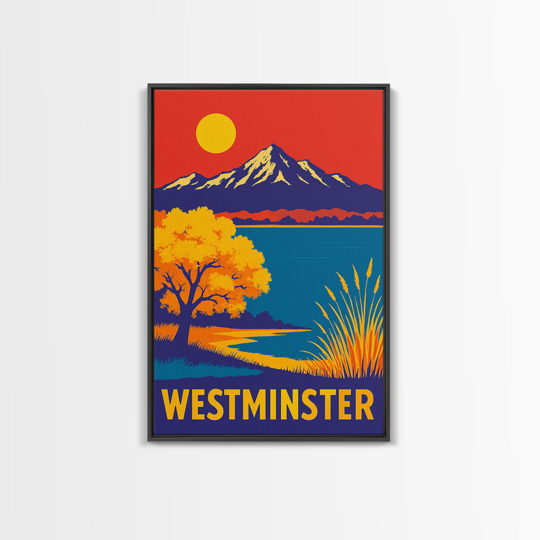 Westminster Travel Poster, Framed Canvas Print, Vibrant Retro Travel Art, Westminster City Art, Wanderlust Decor, City Illustration