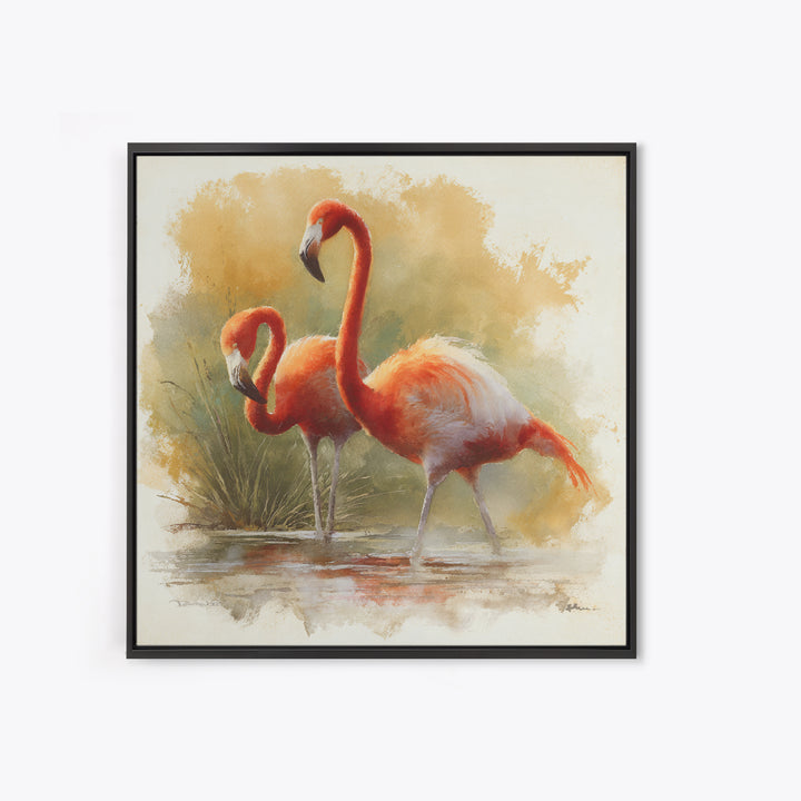 Flamingo Pair Beside Shallow Water Canvas Print, Patio Art, Beach House Decor, Patio Decor, Fine Art, Outdoor, Modern Decor, PAT-1x1-10