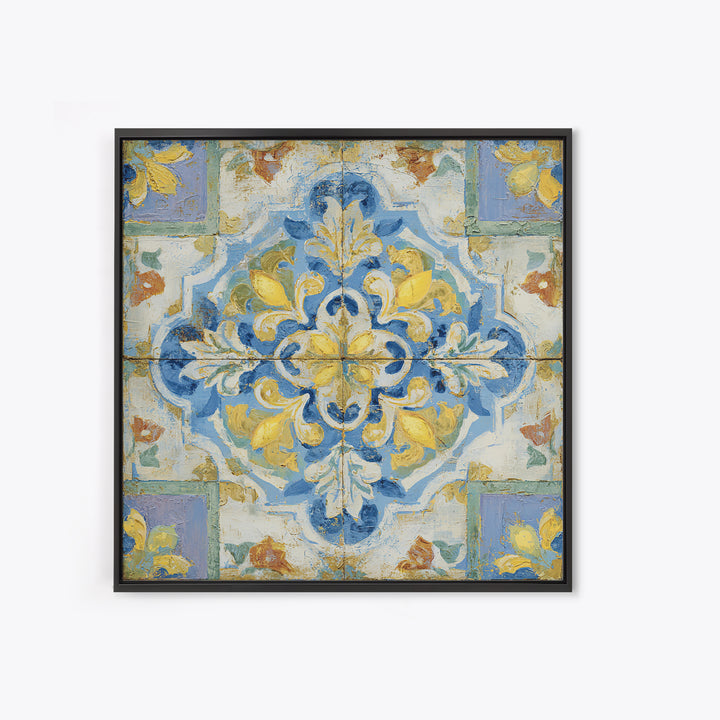 Mediterranean Lemons and Blue Tile Pattern Framed Canvas Print, Patio Art, Patio Decor, Fine Art, Outdoor, Gallery Decor, PAT-1x1-2