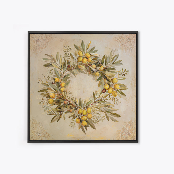 Olive Branch Wreath on Warm Plaster Framed Canvas Print, Patio Art, Statement Artwork, Patio Decor, Fine Art, Outdoor, PAT-1x1-33