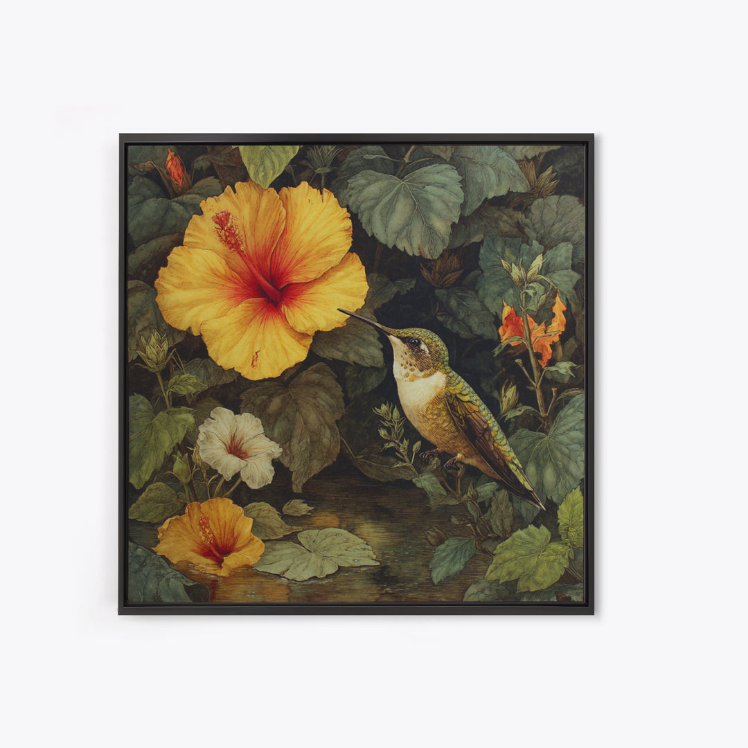 Hummingbird Visiting Bright Hibiscus Framed Canvas Print, Patio Art, Family Wall Art, Patio Decor, Oil Painting, Outdoor, PAT-1x1-51
