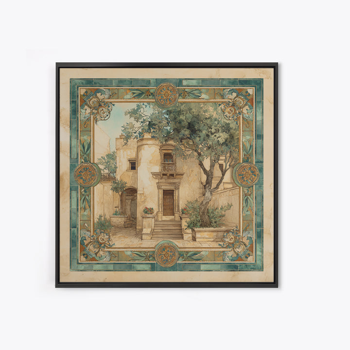 Olive Branch Wreath on Warm Plaster Framed Canvas Print, Patio Art, Statement Artwork, Patio Decor, Fine Art, Outdoor, PAT-1x1-57