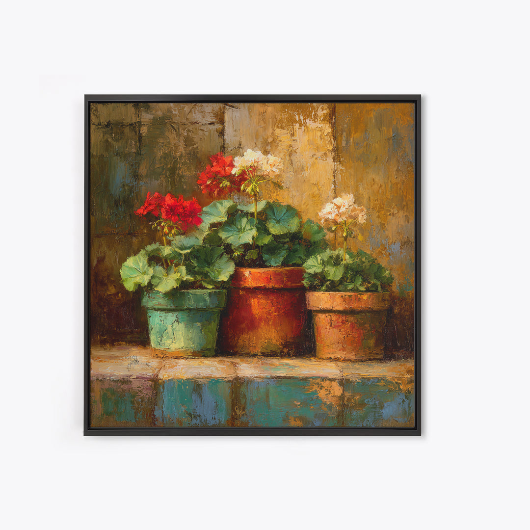 Potted Geraniums in Rustic Clay Pots Framed Canvas Print, Patio Art, Family Wall Art, Patio Decor, Fine Art, Outdoor, PAT-1x1-62