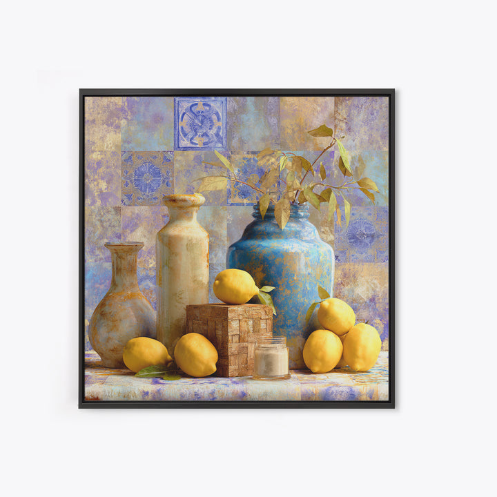 Mediterranean Lemons and Blue Tile Pattern Framed Canvas Print, Patio Art, Patio, Patio Decor, Outdoor, Minimalist Decor, PAT-1x1-74