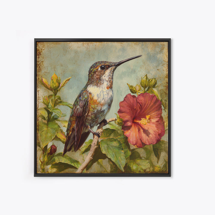 Hummingbird Visiting Bright Hibiscus Canvas Print, Patio Art, Modern Decor, Patio Decor, Fine Art, Outdoor, Home Decor, PAT-1x1-75