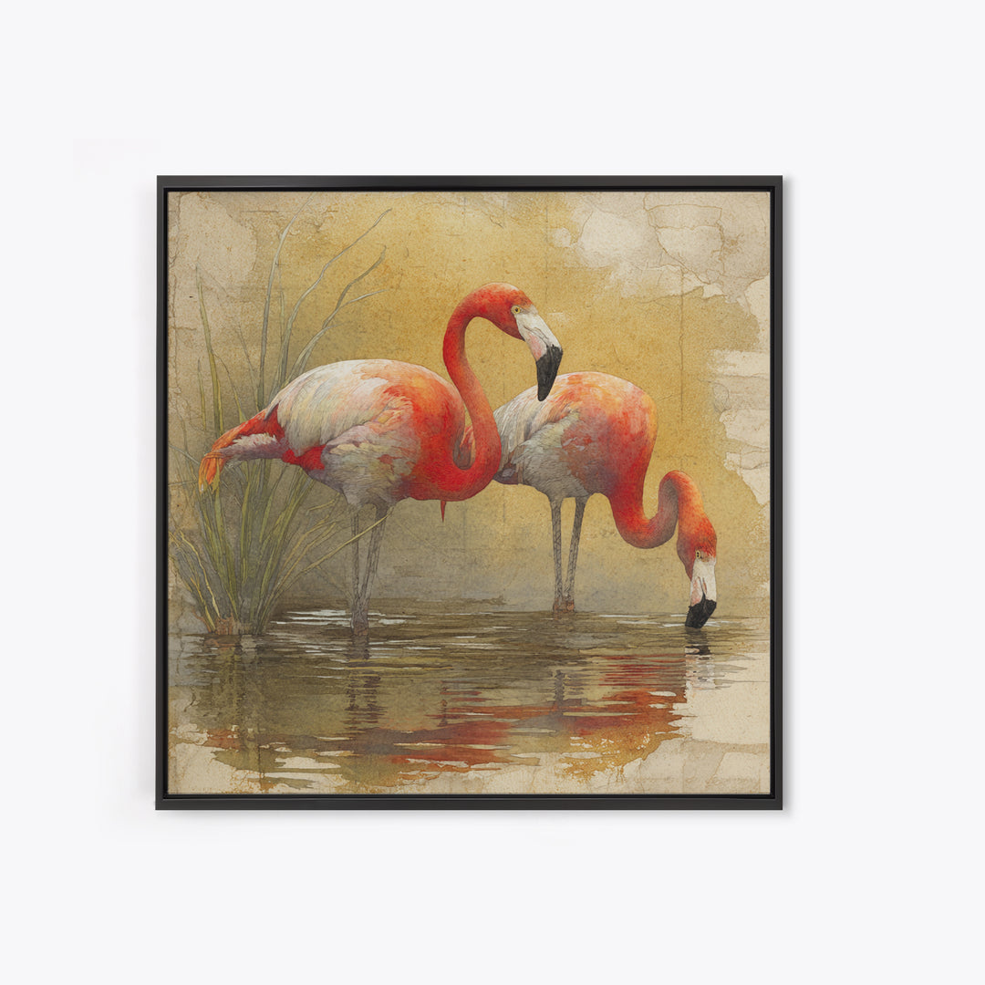 Flamingo Pair Beside Shallow Water Canvas Print, Patio Art, Neutral Decor, Patio Decor, Oil Painting, Outdoor, Wall Art, PAT-1x1-82