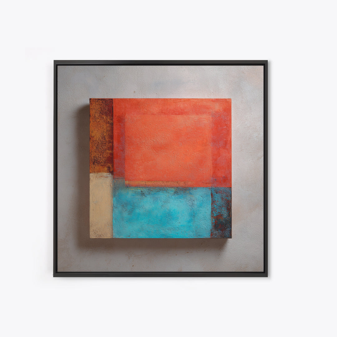 Bright Coral and Turquoise Abstract for Outdoors Framed Canvas Print, Patio Art, Mixed Media Art, Patio Decor, Outdoor, PAT-1x1-84