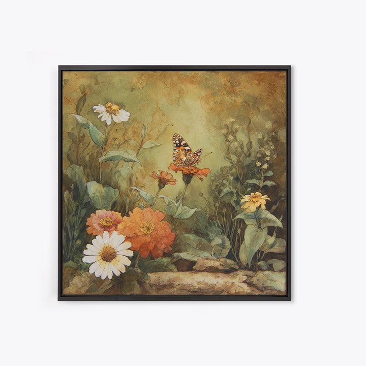 Butterfly Garden with Zinnias and Daisies Canvas Print, Patio Art, Boho Decor, Patio Decor, Oil Painting, Outdoor, PAT-1x1-85